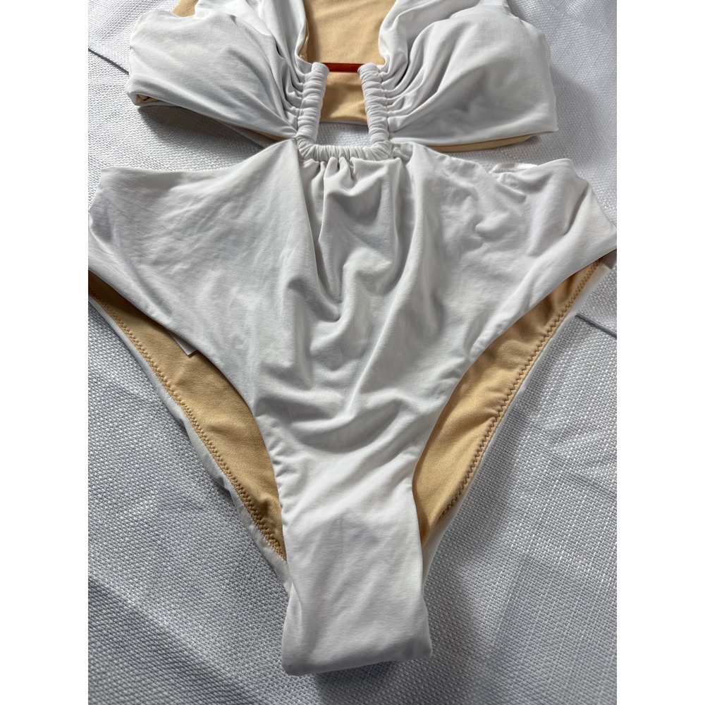 Zara White Cutout Monokini One Piece Swimsuit Ruched V-Neck 2910/210 Small NEW - Picture 3 of 7